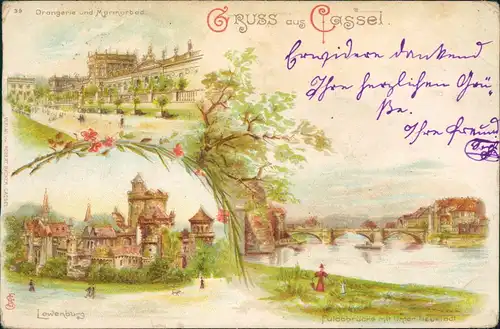 Litho AK Bad Wilhelmshöhe-Kassel 3 Bild Löwenburg, Orangerie 1899