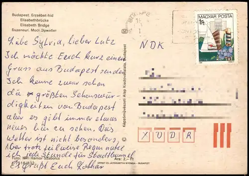 Postcard Budapest Elisabeth Brücke Erzsébet-hid 1985