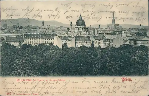 Ansichtskarte Wien Panorama mit Karls- u. Stefans Kirche. 1901