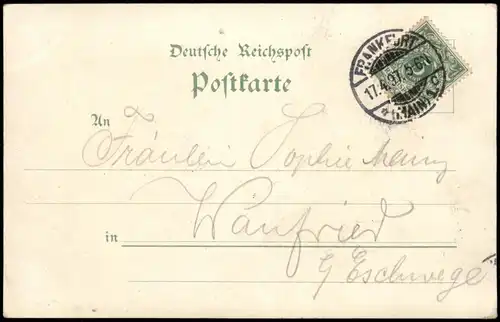 Litho AK Frankfurt am Main Post Pferdebahn, Postbote Gruss aus... 1897