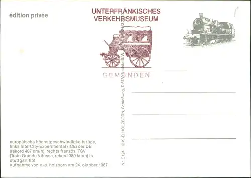 Ansichtskarte Stuttgart Verkehr/KFZ Eisenbahn Zug ICE und TGV 1987