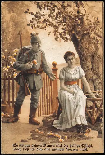 Ansichtskarte  Soldat 1. Weltkrieg in Uniform mit Frau (Soldier WWI) 1915