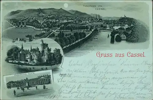 Wilhelmshöhe-Kassel Mondscheinlitho Gruss aus 1898  Ankunftsstempel Wanfried