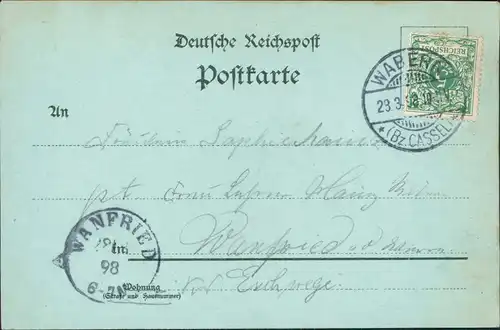 Wilhelmshöhe-Kassel Mondscheinlitho Gruss aus 1898  Ankunftsstempel Wanfried