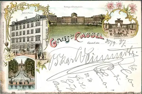 Litho AK Kassel Gruss aus... Hotel Maus, Schloß Wilhelmshöhe uvm 1897