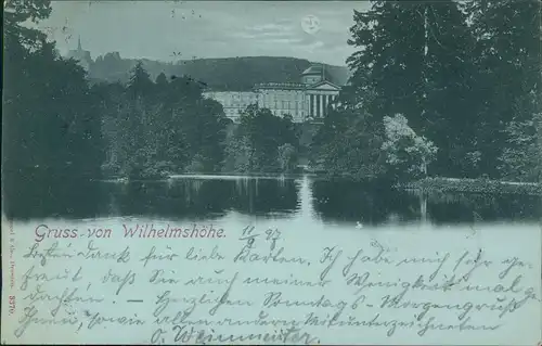Bad Wilhelmshöhe-Kassel Schloss mit Cascaden im Hintergrund Mondscheinlitho 1897