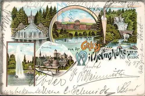 Litho AK Bad Wilhelmshöhe-Kassel Gruss aus Fontaine, Schloß, Cascaden 1897