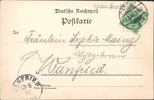 Bad Wilhelmshöhe Kassel Löwenburg 1897  gel. Ankunftsstempel Wanfried