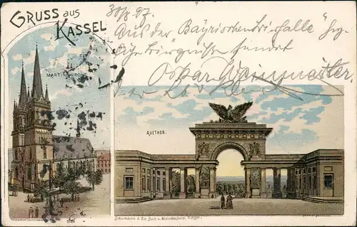 Ansichtskarte Litho AK Kassel 2 Bild Gruss aus... Martinskirche Auethor 1897