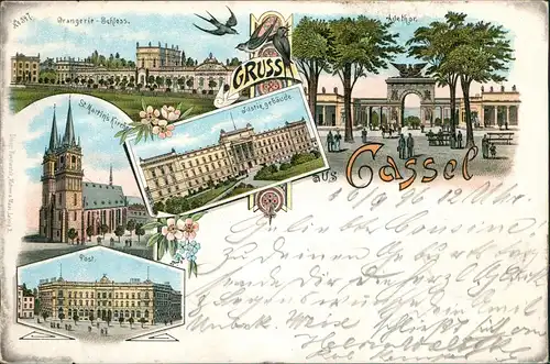Litho AK Kassel Gruss aus... Orangerie-Schloss. St. Martin's Kirche Post. 1896
