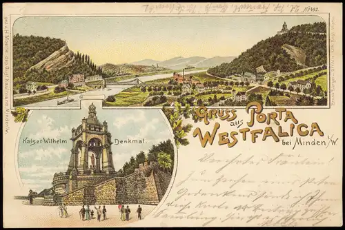 Litho AK Porta Westfalica 2 Bild Stadt u. Kaiser Wilhelm Denkmal 1898