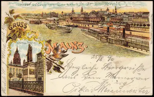 Ansichtskarte Litho AK Mainz 2 Bild Dampfer, Gutenberg Denkmal 1898