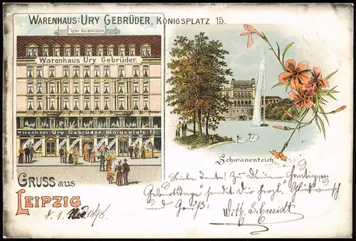 Litho AK Leipzig 2 Bild: Warenhaus URY Gebrüder Königsplatz 1899