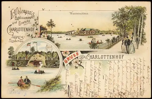 Litho AK Lindenau-Leipzig Charlottenhof Wasserschloß u.a. Gruss vom... 1896