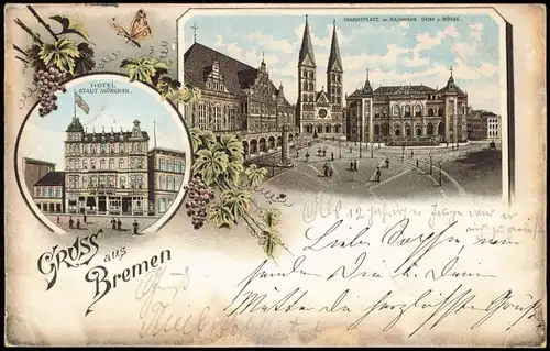 Litho AK Bremen Gruss aus... 2 Bild Hotel Stadt München Markt 1897