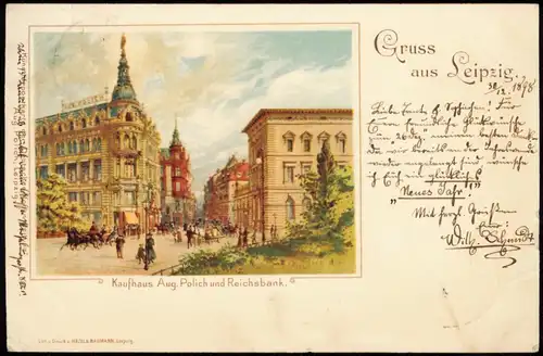Ansichtskarte Leipzig Kaufhaus Aug. Polich und Reichsbank Künstlerkarte 1898