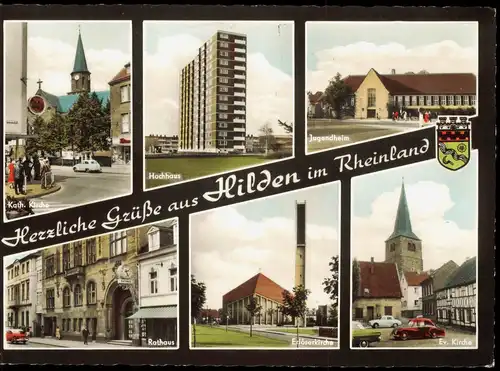 Hilden Mehrbild-AK mit Erlöser-Kirche, Jugendheim, Hochhaus uvm. 1969