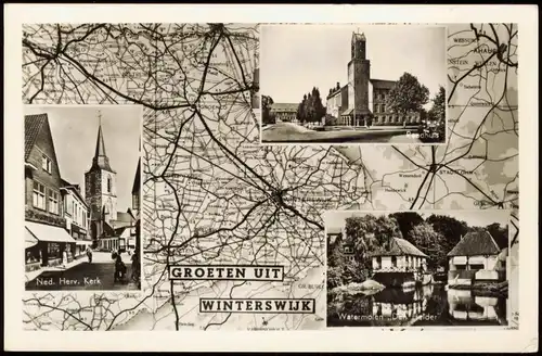 Postkaart Winterswijk Mehrbildkarte Ortsansichten auf Umgebungskarte 1955