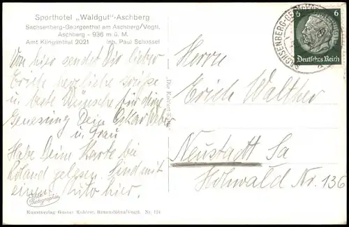 Sachsenberg-Georgenthal-Klingenthal   Blick Sport-Hotel Waldgut-Aschberg 1937