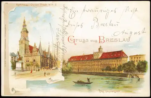 Litho AK Breslau Wrocław Gruss aus.. Universität, Rathaus 1898