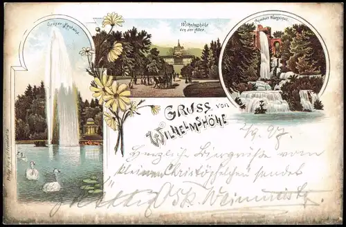 Litho AK Bad Wilhelmshöhe-Kassel Gruss aus Schloß, Fontaine 1897
