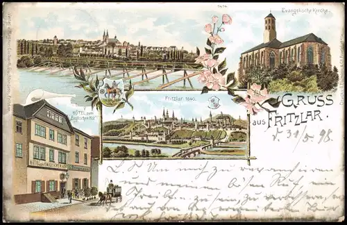 Ansichtskarte Litho AK Fritzlar Gruss aus ev. Kirche, Hotel... 1898