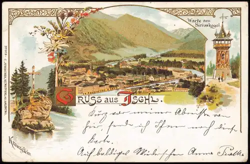 Ansichtskarte Litho AK Bad Ischl 3 Bild Stadt Warte Siriuskogel 1899