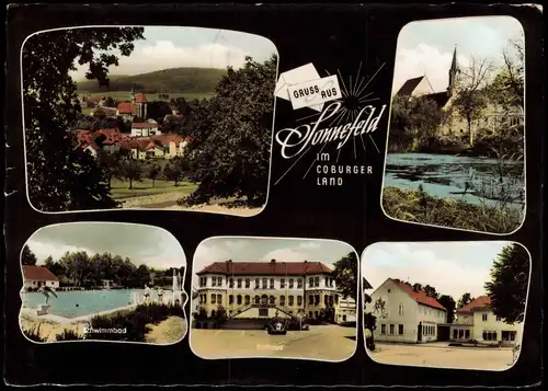 Sonnefeld Mehrbild-AK mit Schwimmbad, Rathaus u. Ortsansichten 1976