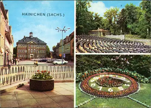 Ansichtskarte Hainichen Blick zum Rathaus, Freilichtbühne, Blumenuhr 1977