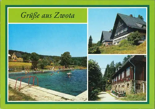Ansichtskarte Zwota Freibad, Teilansicht, Jugendherberge 1989