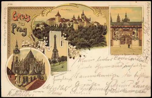 Postcard Litho AK Prag Praha Gruss aus.. Burg, Aussichtsturm 1897