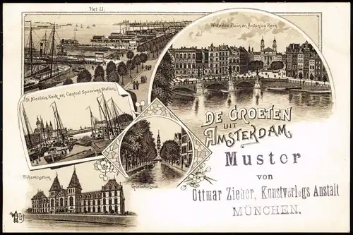 Postkaart Litho AK Amsterdam Amsterdam De Groeten Hafen u.v.m. 1898