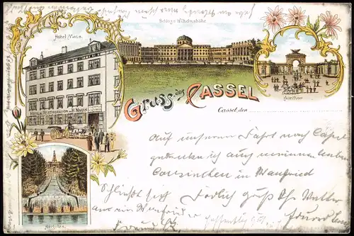 Ansichtskarte Litho AK Kassel Gruss aus Hotel, Schloß, uvm 1897