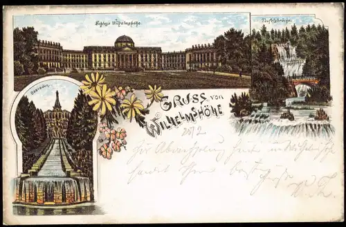 Litho AK Bad Wilhelmshöhe-Kassel 3 Bild Schloß, Cascaden Gruss aus 1898