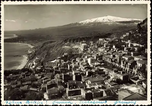 Cartoline Taormina Panorama-Ansicht Blick zum Vulkan Etna 1959