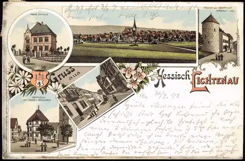 Ansichtskarte Hessisch Lichtenau Gruss aus.. Strasse, Neue Schule, Stadt 1898