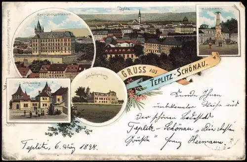 Litho AK Teplitz Schönau Teplice Gymnasium,  Kriegerdenkmal Gruss aus 1898