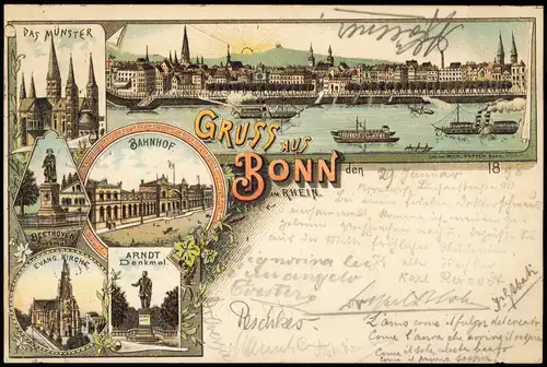 Ansichtskarte Litho AK Bonn Bahnhof, Stadt, Denkmal - Gruss aus 1898
