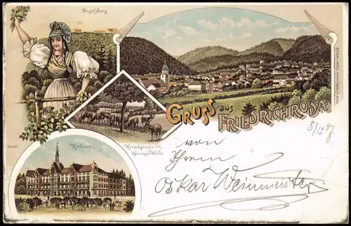 Litho AK Finsterbergen-Friedrichroda Gruss aus.. Kurhaus, Stadt, Rehe 1897