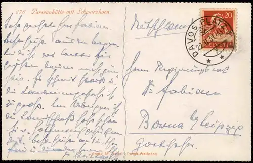 Ansichtskarte Schweiz Parsennhütte Schwarzhorn   Alpen1931 Stempel DAVOS PLATZ