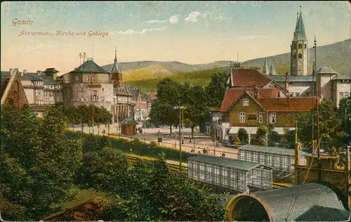 Ansichtskarte Goslar Bahnsteig, Achtermann, Kirche und Gebirge 1916