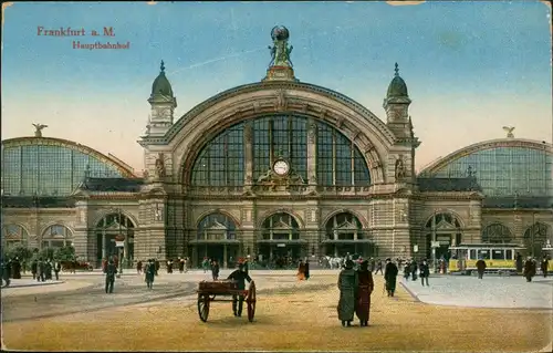 Ansichtskarte Frankfurt am Main Hauptbahnhof, Straßenbahn 1915