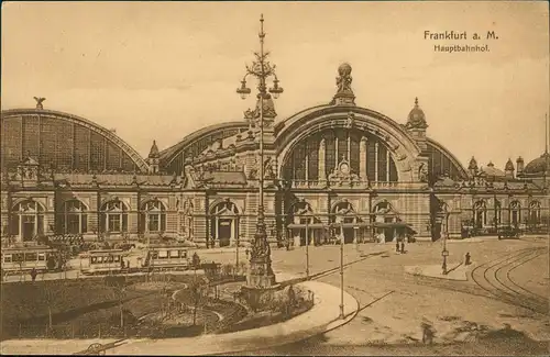 Ansichtskarte Frankfurt am Main Hauptbahnhof, Straßenbahn 1914