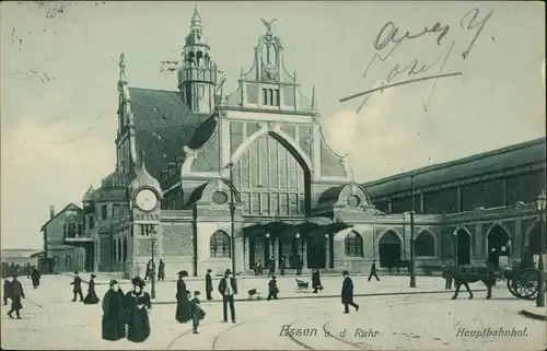 Ansichtskarte Essen Ruhr Hauptbahnhof, Uhr Mondscheinlitho 1906 gel nach Arnhem
