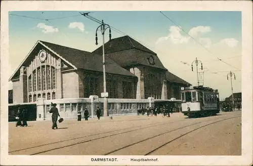 Ansichtskarte Darmstadt Bahnhof und Straßenbahn 1922