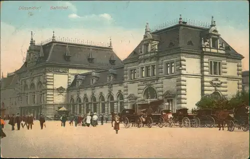 Ansichtskarte Düsseldorf Hauptbahnhof, Kutschen 1909