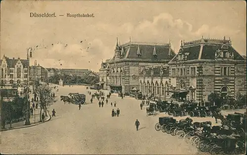 Ansichtskarte Düsseldorf Hauptbahnhof, Vorplatz - Kutschen 1908