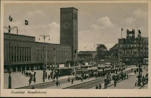 Ansichtskarte Düsseldorf Hauptbahnhof, Straßenbahn Haltestelle 1941