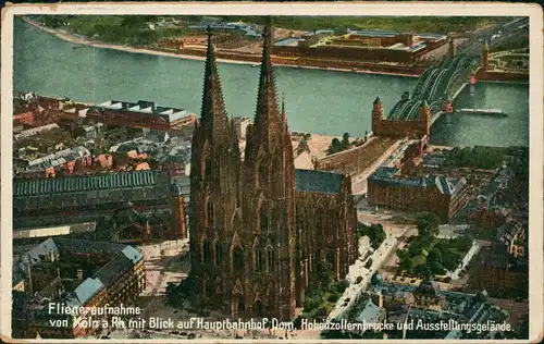 Ansichtskarte Köln Luftbild Dom Bahnhof Messe 1929  gel. Bahnpoststempel