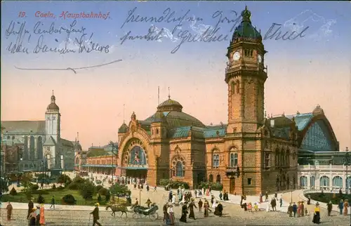 Ansichtskarte Köln Hauptbahnhof - belebt 1915  gel. Feldpoststempel